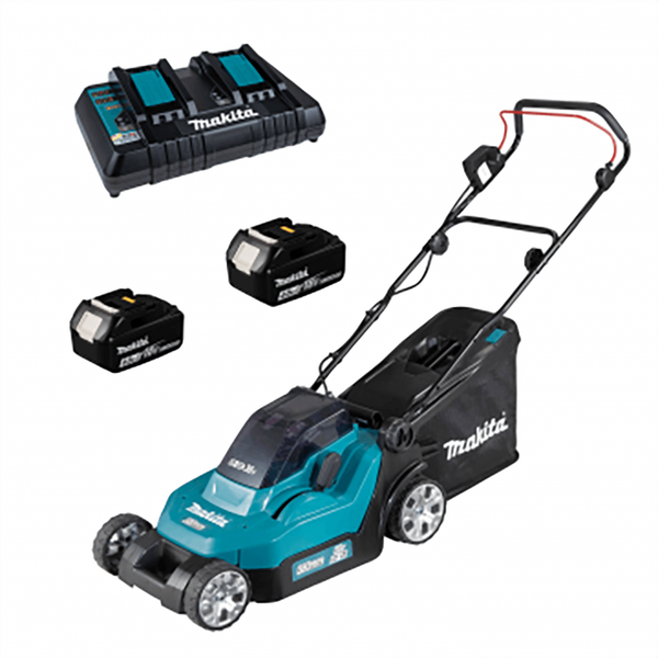 Makita DLM432PT2 - Rasaerba elettrico a batteria 2 X 5 Ah al litio - cesto di raccolta, cm 43