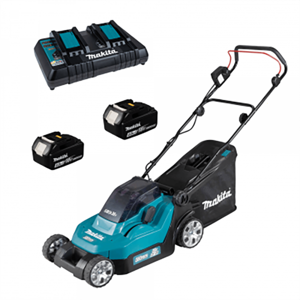 Rasaerba elettrico a batteria 2 X 5 Ah al litio Makita DLM432PT2 - cesto di raccolta, cm 43