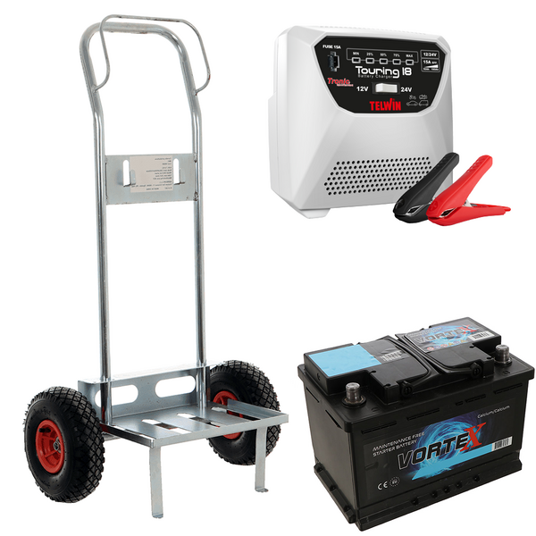 Set completo: carrello porta batteria Geotech + batteria 100 ah + caricabatteria Telwin Touring 18