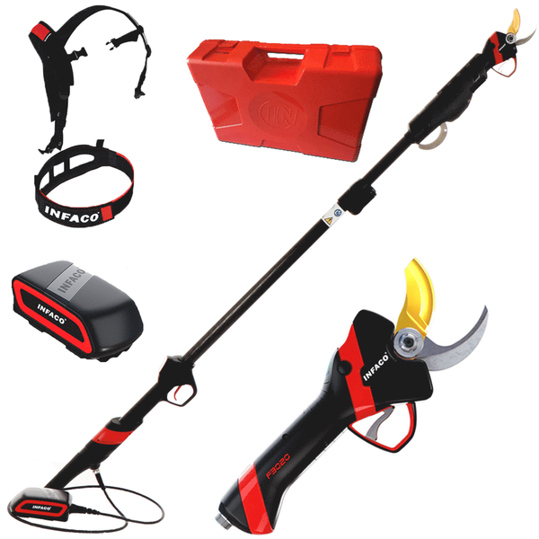 Forbice elettrica da potatura Infaco F3020 su asta di prolunga in carbonio telescopica 147.5-212 cm - Kit standard Ø 40 mm - batteria e zaino inclusi