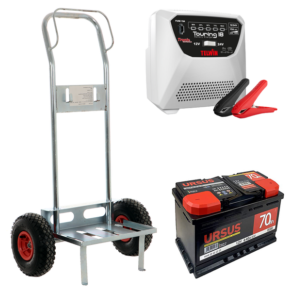 Set completo: carrello porta batteria Geotech + batteria 70ah + caricabatteria Telwin Touring 18