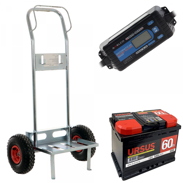 Set completo: carrello porta batteria Geotech + batteria 60 ah + caricabatteria Awelco Automatic 20