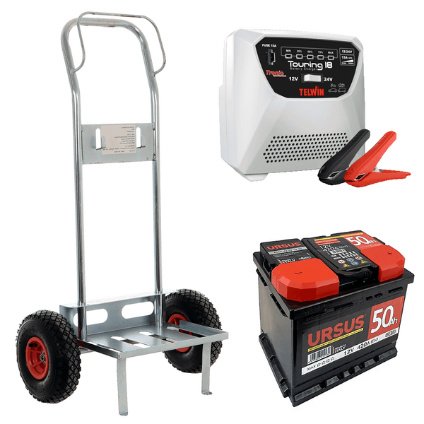 Set completo: carrello porta batteria Geotech + batteria 60 ah + caricabatteria Telwin Touring 18