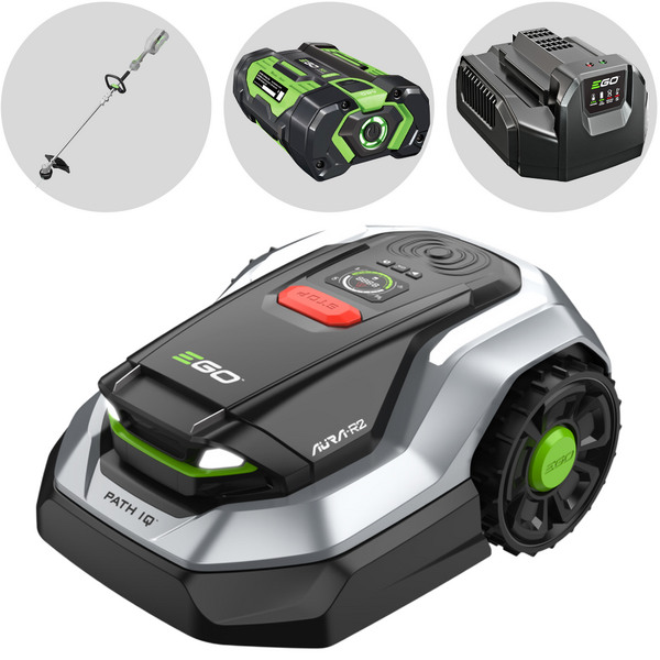 EGO AURA-R2 RMR1500E  - Robot Tagliaerba senza impianto con batteria 5Ah - Decespugliatore ST1300E-S con batteria 2.5Ah