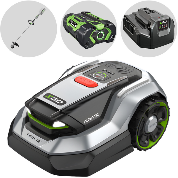 EGO AURA-R2 RMR3000E  - Robot Tagliaerba senza impianto con batteria 5Ah - Decespugliatore ST1300E-S con batteria 2.5Ah