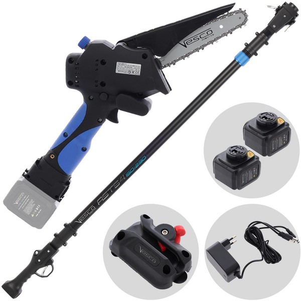 Vesco X150 - Potatore a batteria manuale + asta telescopica 150-230 cm - 2 batterie da 21.6V 2.5Ah
