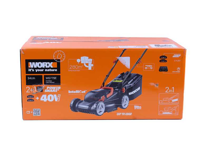 Worx WG779E - Tagliaerba a batteria - 2x20V/2,5Ah - Taglio 34 cm