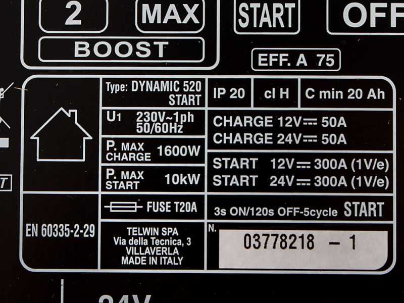 Telwin Dynamic 520 Start - Caricabatterie auto e avviatore - batterie WET/START-STOP 12/24V