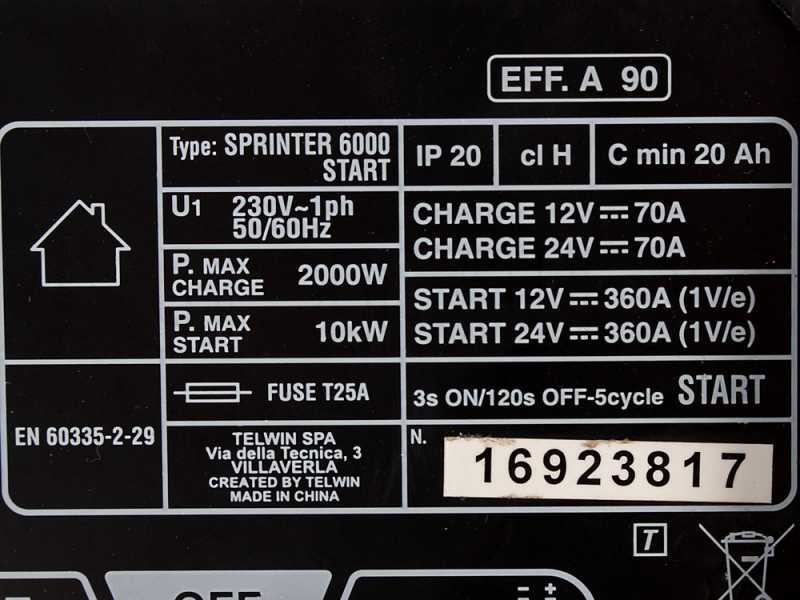 Telwin Sprinter 6000 Start - Caricabatterie auto e avviatore - batterie 12/24V, 20 a 1550 Ah