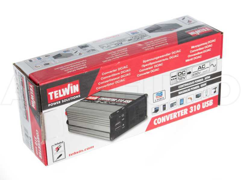 Telwin Converter 310 - Convertitore inverter USB di corrente da 12V DC a 230V AC - 2 porte USB - 300w