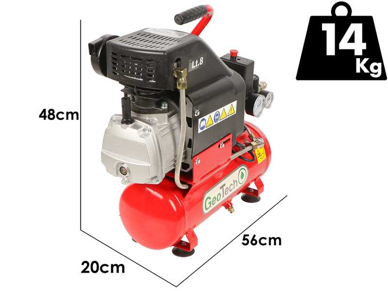 GeoTech AC9-8-20 - Compressore aria elettrico compatto portatile - Motore 2 HP - 8 lt aria compressa