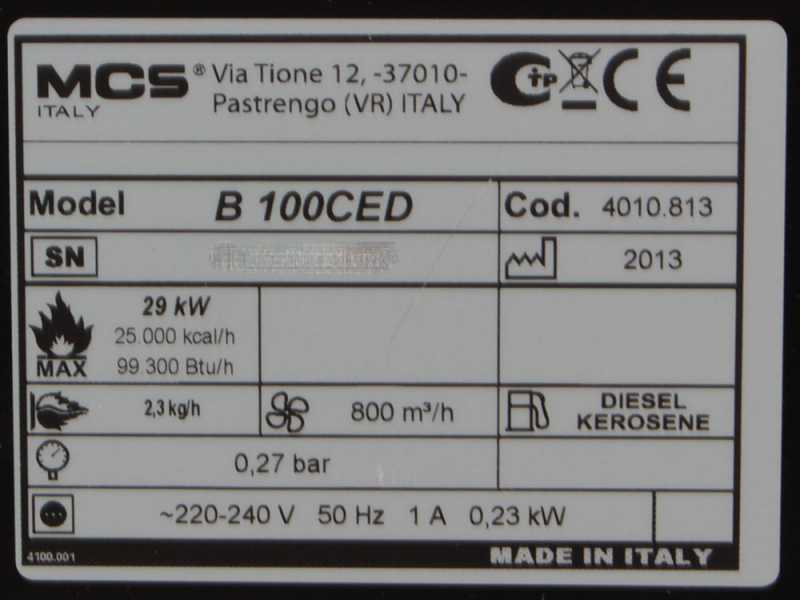Master mod. B 100 CED - Generatore di aria calda diretto a gasolio diesel