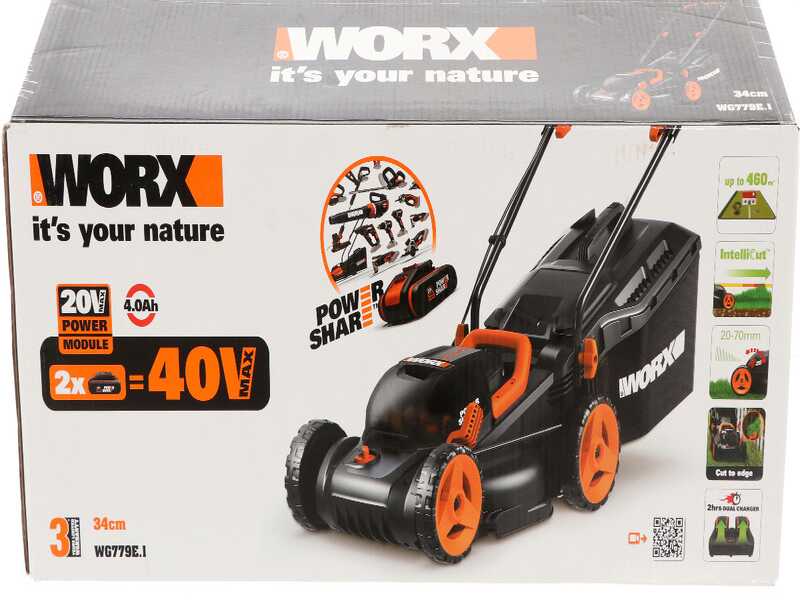 Worx WG779E.1 - Tagliaerba a batteria 2x20V/4Ah + in omaggio 2x20V/4Ah - Taglio 34 cm