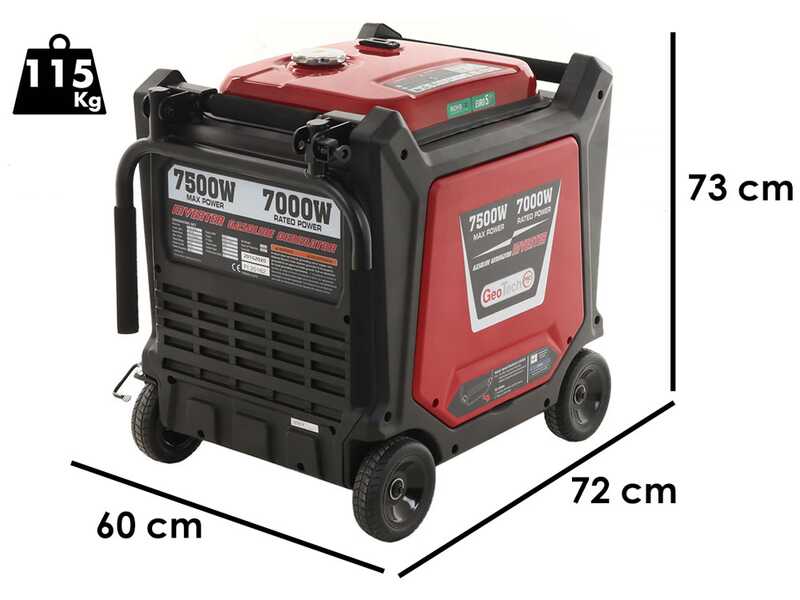 GeoTech-Pro PTGA 9000 - Generatore di corrente carrellato a benzina silenziato ad inverter 7.5 kW - Continua 7 kW Monofase+ ATS
