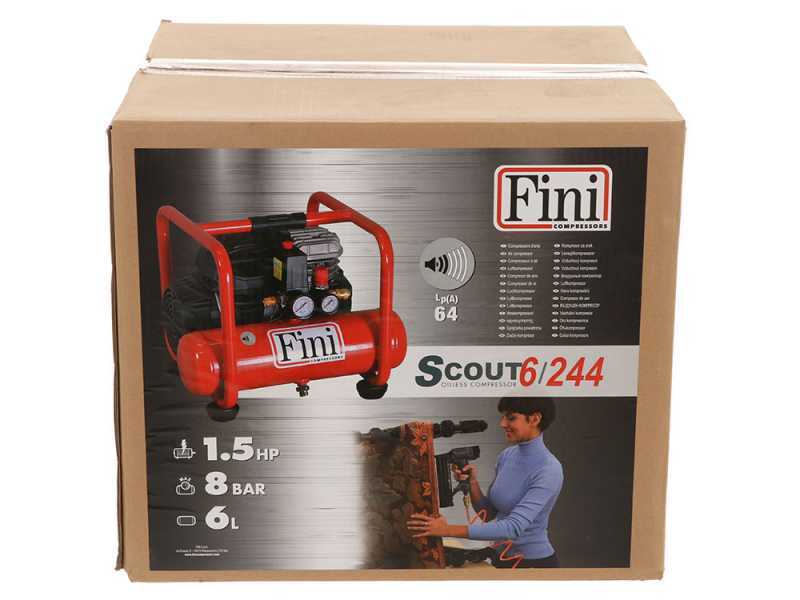 Fini Scout 6/244 - Compressore aria elettrico portatile monofase, oil-less- Motore 1.5 HP - 6 lt