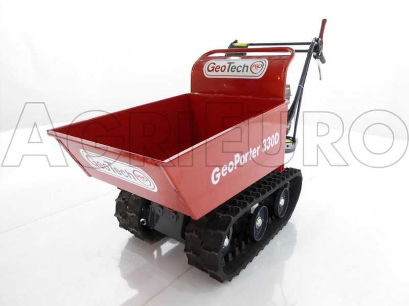 GeoTech Pro BMS 155 LE - Biotrituratore su motocarriola GeoPorter 330D semovente a cingoli 4 rulli - Motore Loncin da 15HP - Cassone dumper