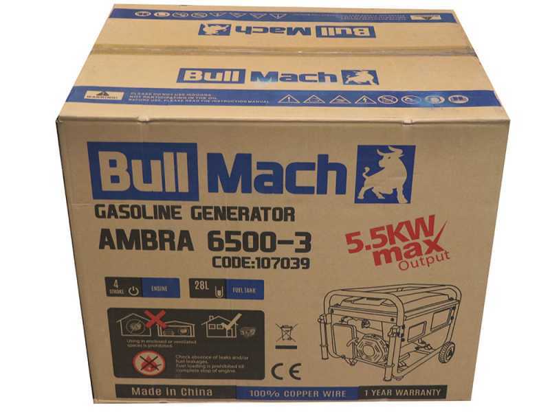 BullMach AMBRA 6500-3 - Generatore di corrente carrellato a benzina con AVR 5.5 kW - Continua 5 kW Trifase