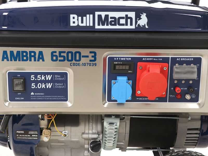 BullMach AMBRA 6500-3 - Generatore di corrente carrellato a benzina con AVR 5.5 kW - Continua 5 kW Trifase