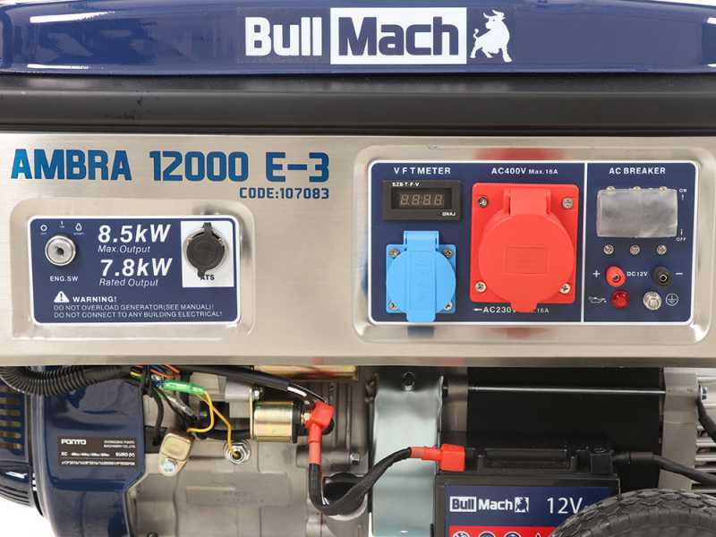 BullMach AMBRA 12000 E-3 - Generatore di corrente carrellato a benzina con AVR 8.5 kW - Continua 7.8 kW Trifase + ATS