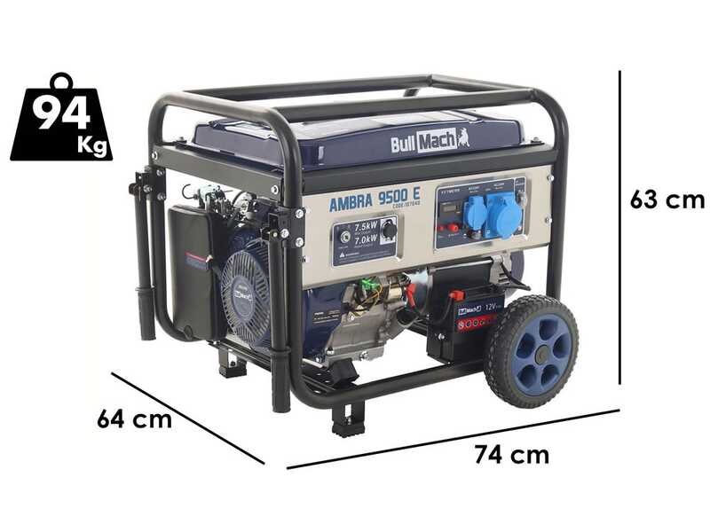 BullMach AMBRA 9500 E - Generatore di corrente carrellato a benzina con AVR 7.5 kW - Continua 7 kW Monofase+ ATS