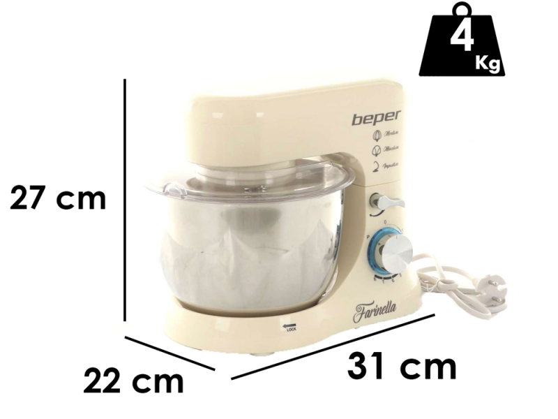 BEPER - Impastarice planetaria - Ciotola da 4,5L in acciao inox - 3 ganci inclusi - 1000W