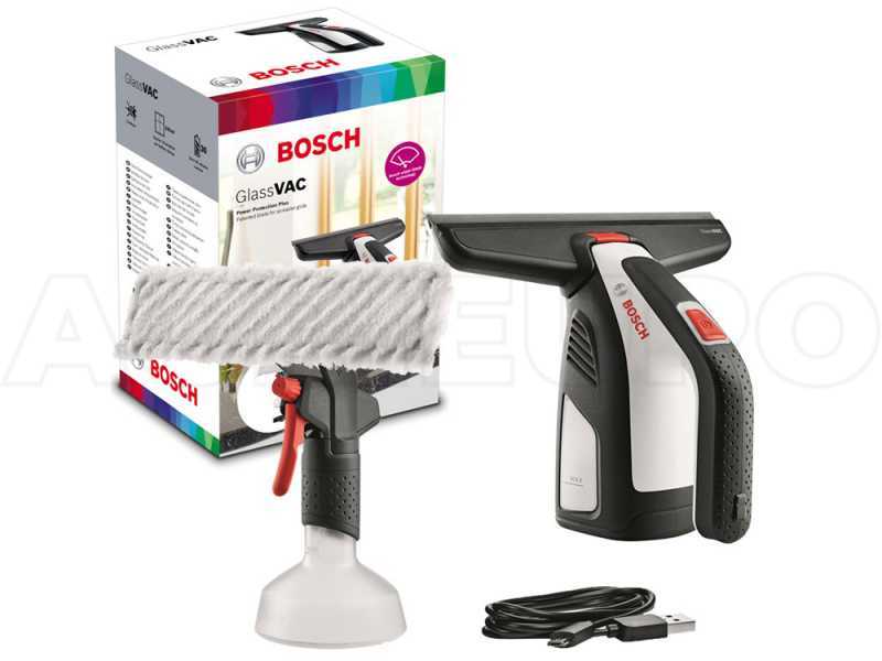 Bosch GlassVAC Solo Plus - Lavavetri elettrico a batteria - con una testina, spruzzino e panno in microfibra