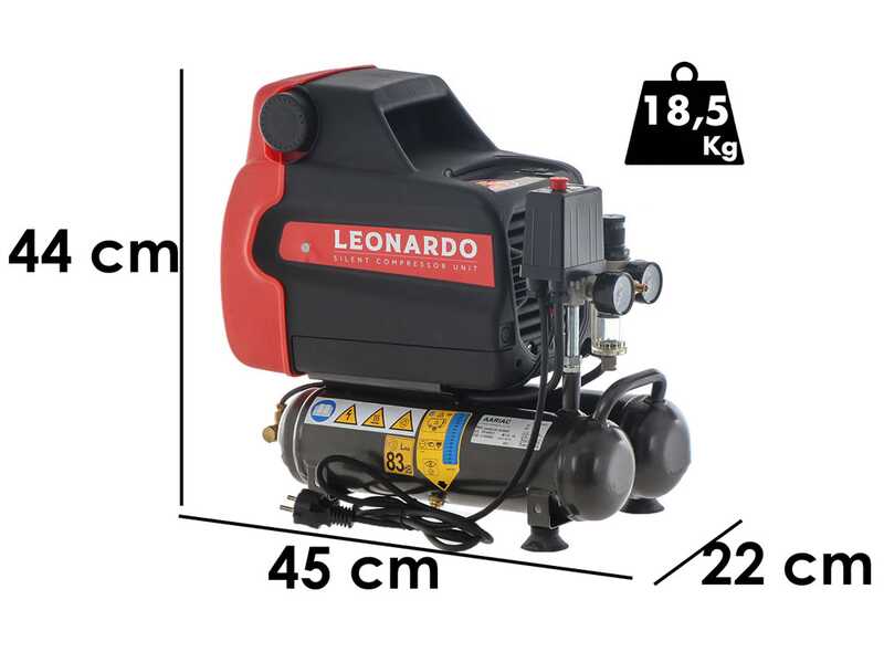 FIAC Leonardo - Compressore aria elettrico portatile monofase silenziato, oil-less - Motore 1 HP - 6 lt