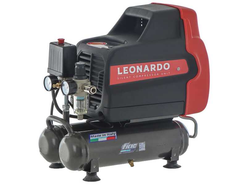 FIAC Leonardo - Compressore aria elettrico portatile monofase silenziato, oil-less - Motore 1 HP - 6 lt