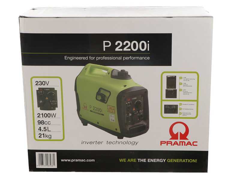 Pramac P2200i - Generatore di corrente ad inverter silenziato 2.1 kW - Continua 1.9 kW Monofase