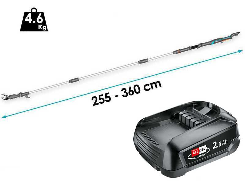 Gardena HighCut 360/18V P4A - Forbice elettrica da potatura su asta - 18V 2Ah - Diametro di taglio 28mm