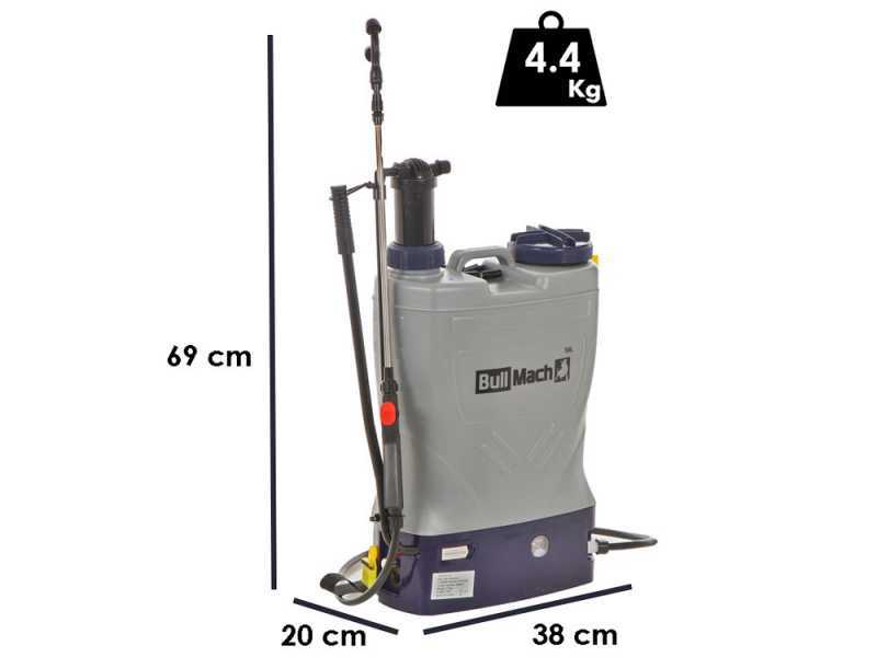 BullMach Pandora 16EM Li - Pompa irroratrice a spalla elettrica a batteria e manuale - 12V 8Ah