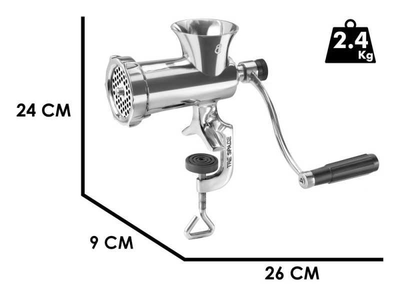 Tre Spade TC-8 Inox - Tritacarne manuale a manovella - Morsetto di fissaggio - n.8