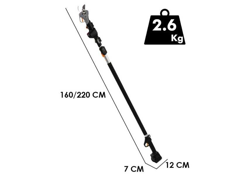 Volpi KV390 - Forbice elettrica da potatura - 2x 21.6V 2.5Ah + Asta di prolunga - Diametro di taglio 40mm