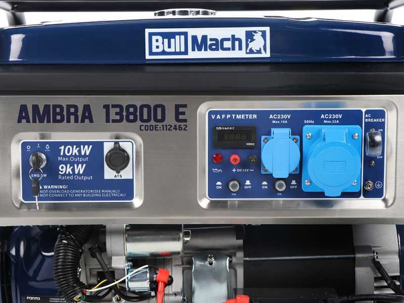 BullMach AMBRA 13800 E - Generatore di corrente carrellato a benzina con AVR 10 kW - Continua 9 kW Monofase