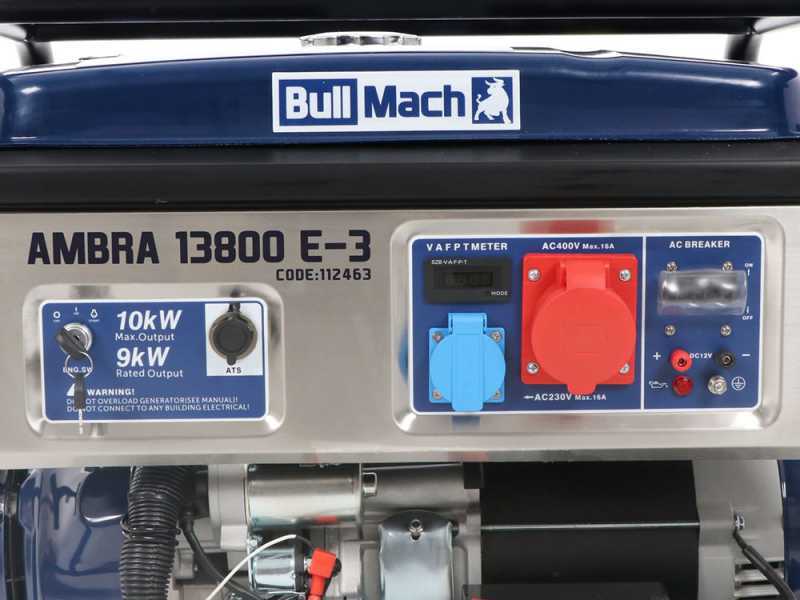 BullMach AMBRA 13800 E-3 - Generatore di corrente carrellato a benzina con AVR 10 kW -  Continua 9 kW Trifase