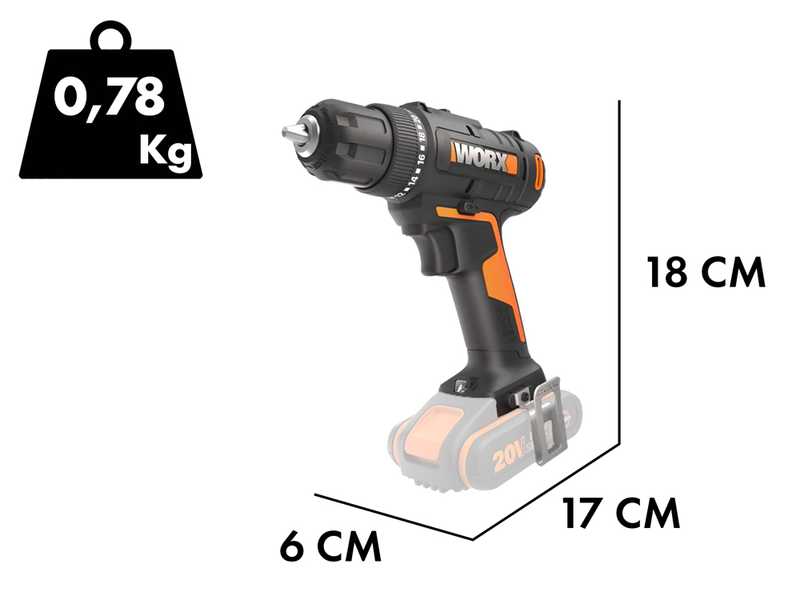 Worx WX100.9 - Trapano avvitatore a batteria 20V - SENZA BATTERIA E CARICABATTERIA