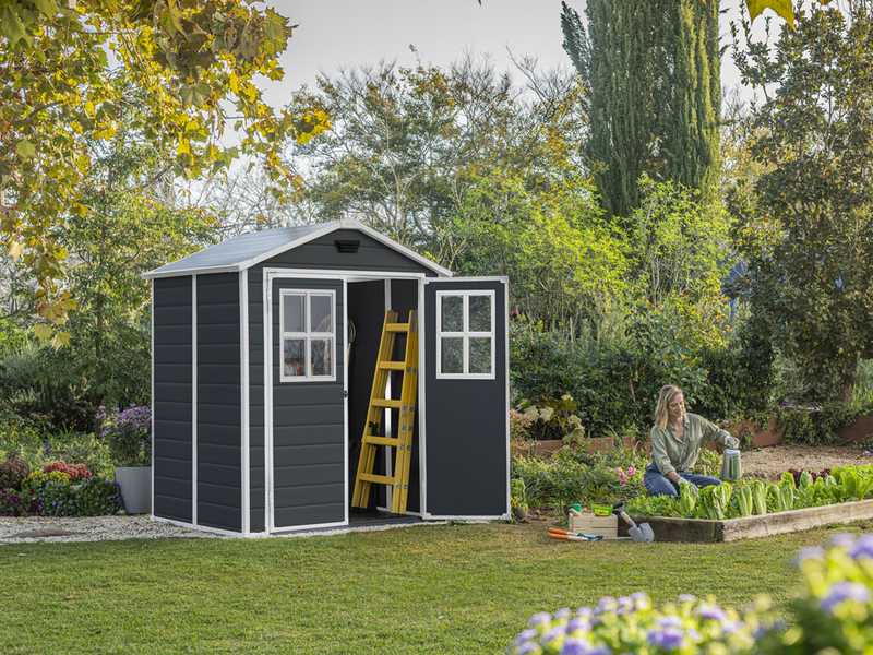 Keter Manor nero - Casetta da giardino - Con finestre frontali - 185x152x226 cm