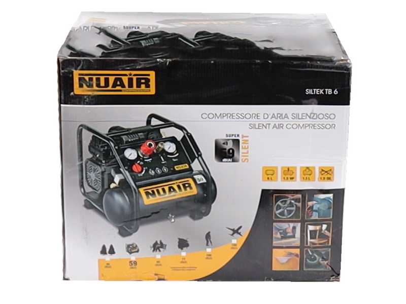 Nuair Siltek TB 6 - Compressore aria elettrico portatile monofase silenziato, oil-less  - Motore 1.5 HP - 6 lt