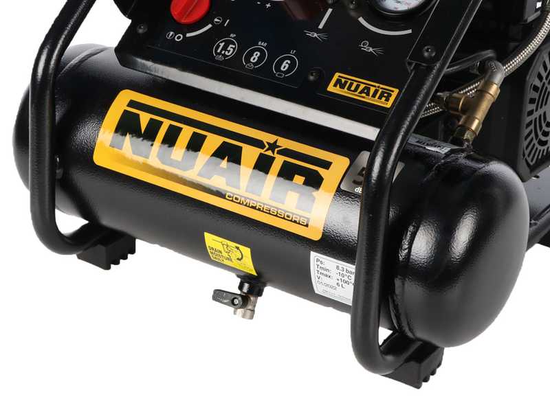 Nuair Siltek TB 6 - Compressore aria elettrico portatile monofase silenziato, oil-less  - Motore 1.5 HP - 6 lt