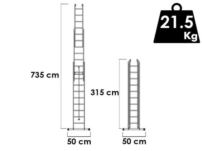 S.T.P. Tria 3TR A10069103315, 3x10 gradini, 7.35 m - Scala a sfilo in alluminio - Altezza stimata operativa 8.35 m