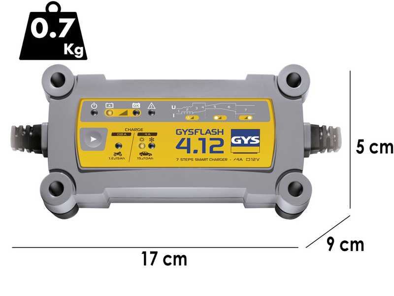 GYS Flash 4.12 - Caricabatterie e mantenitore di carica automatico - Batterie 12V da 1.2 a 90 ah