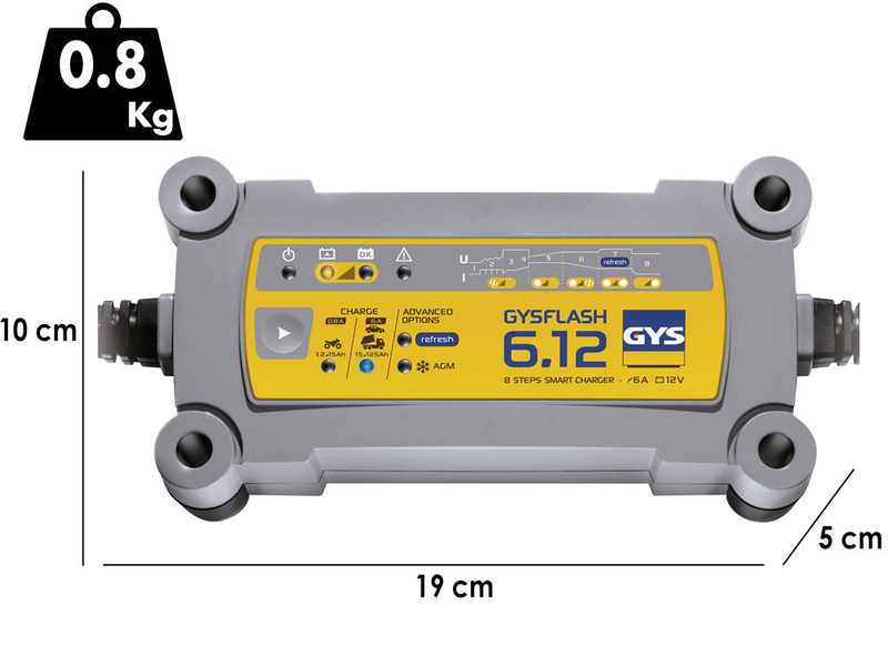 GYS Flash 6.12 - Caricabatterie e mantenitore di carica automatico - Batterie 12V da 1.2 a 125 ah
