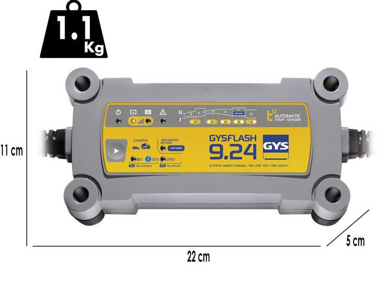 GYS Flash 9.24 - Caricabatterie e mantenitore di carica automatico - Batterie da 6 - 12 - 24 V