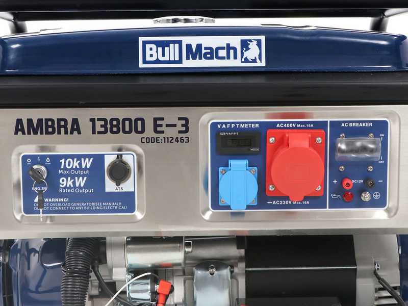 OUTLET - UTILIZZATO PER PROVA - BullMach AMBRA 13800 E-3 - Generatore di corrente carrellato a benzina con AVR 10 kW -  Continua 9 kW Trifase
