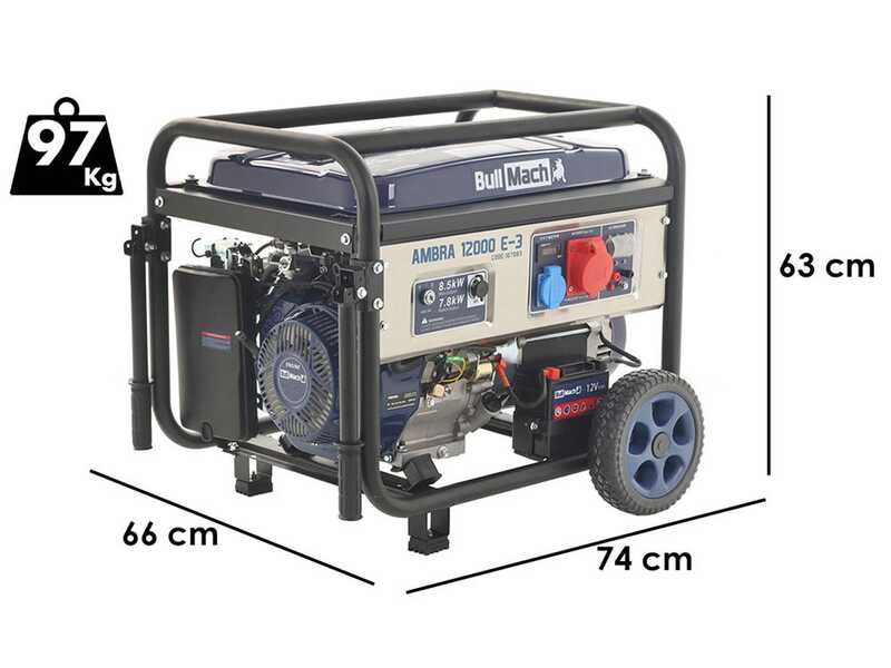 OUTLET - SENZA IMBALLO ORIGINALE - BullMach AMBRA 12000 E-3 - Generatore di corrente carrellato a benzina con AVR 8.5 kW - Continua 7.8 kW Trifase