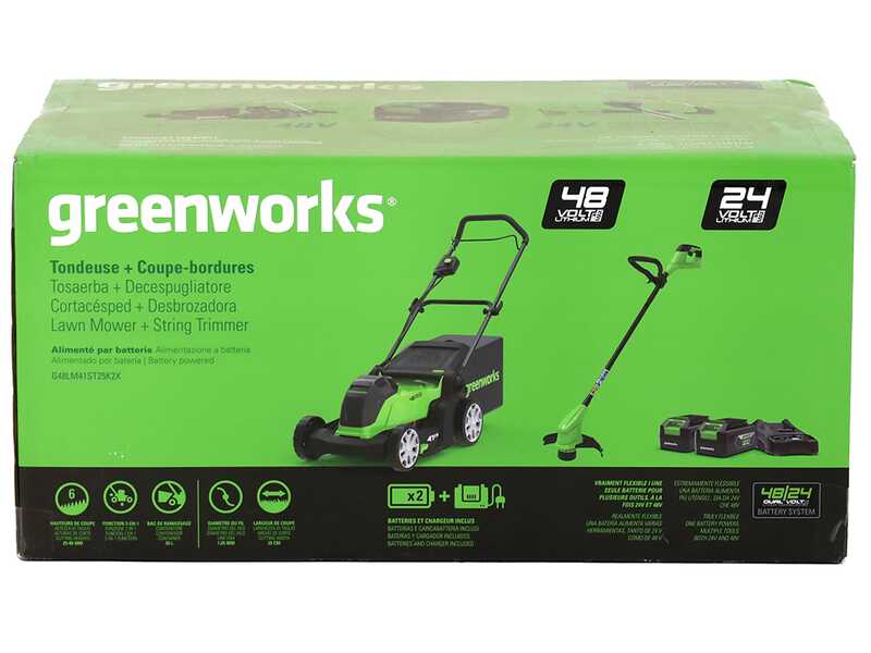 Greenworks G48LM41ST25K2X - Kit Tagliaerba a batteria + Tagliabordi a batteria - 48V - 2x 24V/2Ah