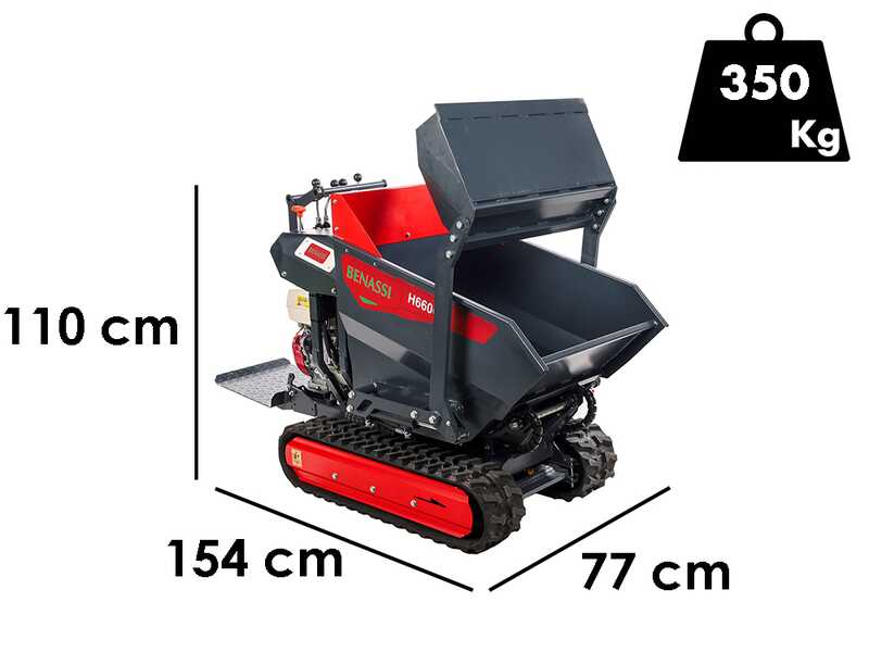 Benassi H660CS - Motocarriola cingolata - Cassone dumper idraulico con pala - Portata 600Kg - Cambio idrostatico