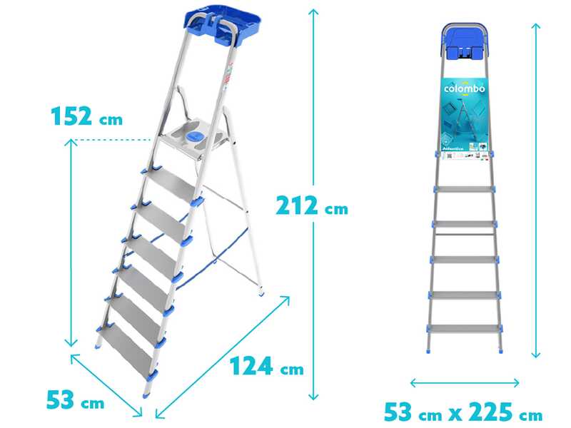 Colombo Atlantica S112A07P, 7 gradini, 2.12 m - Scalandrino in alluminio con cavalletto - Altezza stimata operativa 3.12 m