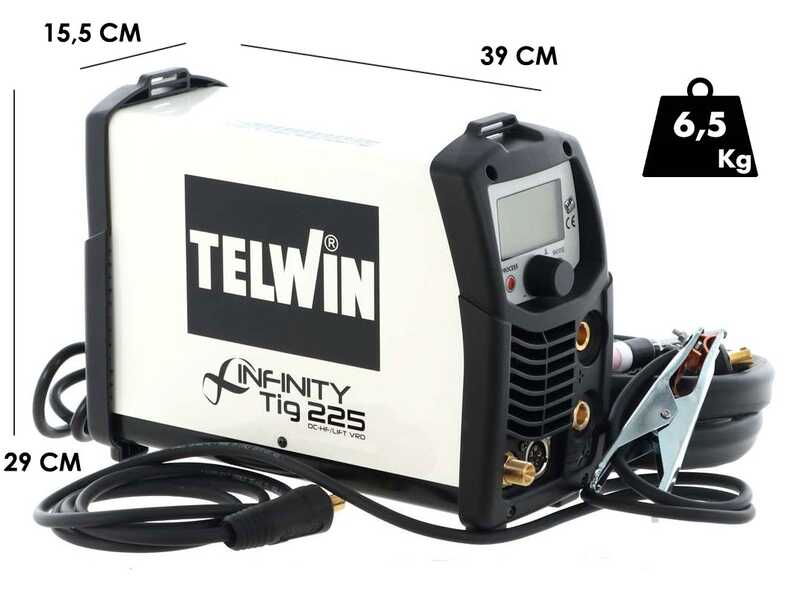 Telwin Infinity 225 DC - Saldatrice Inverter (TIG HF/LIFT, MMA) + Kit, VRD, corrente continua (DC), con display LCD