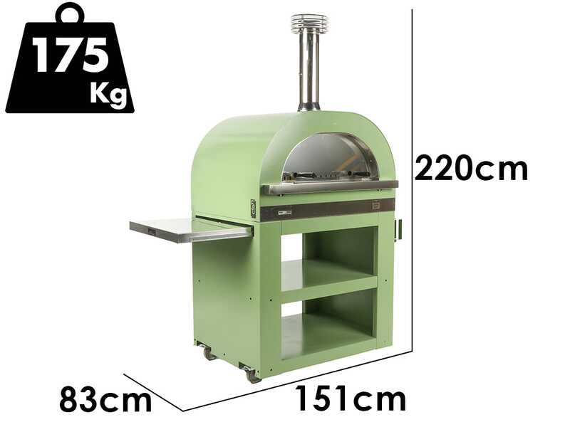 Clementi Gold - Forno a legna per pizza da esterno con carrello - Camera di cottura 80 x 60 - 4 pizze - Verde